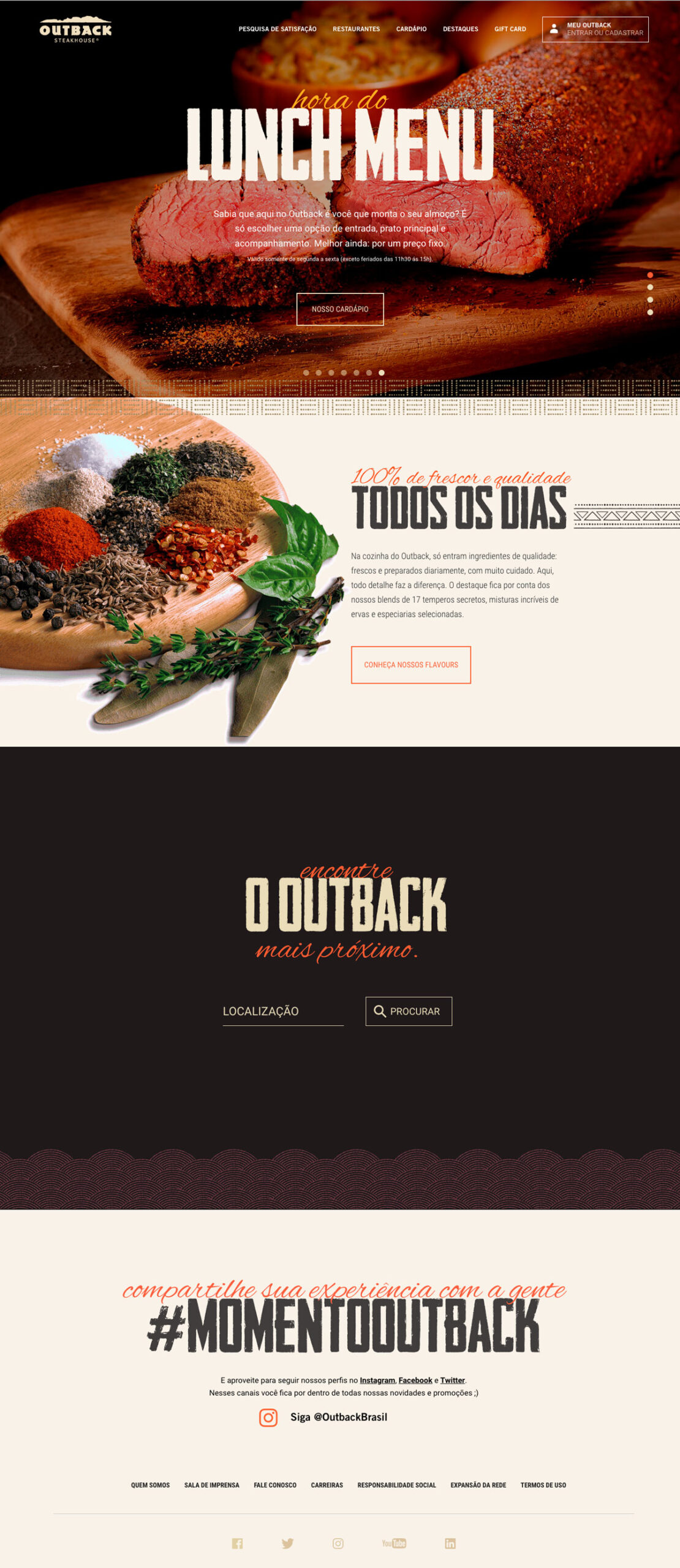 Novo design do site outback, página inicial completa com todas as seções