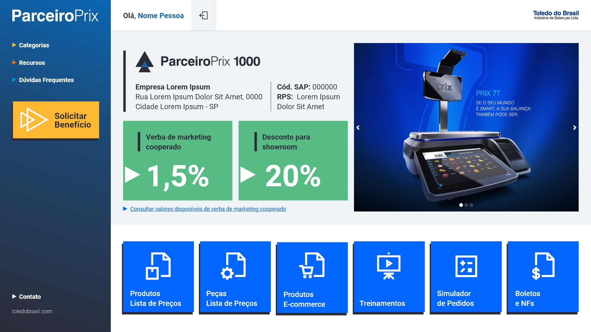 Página principal do dashboard programa Parceiro Prix