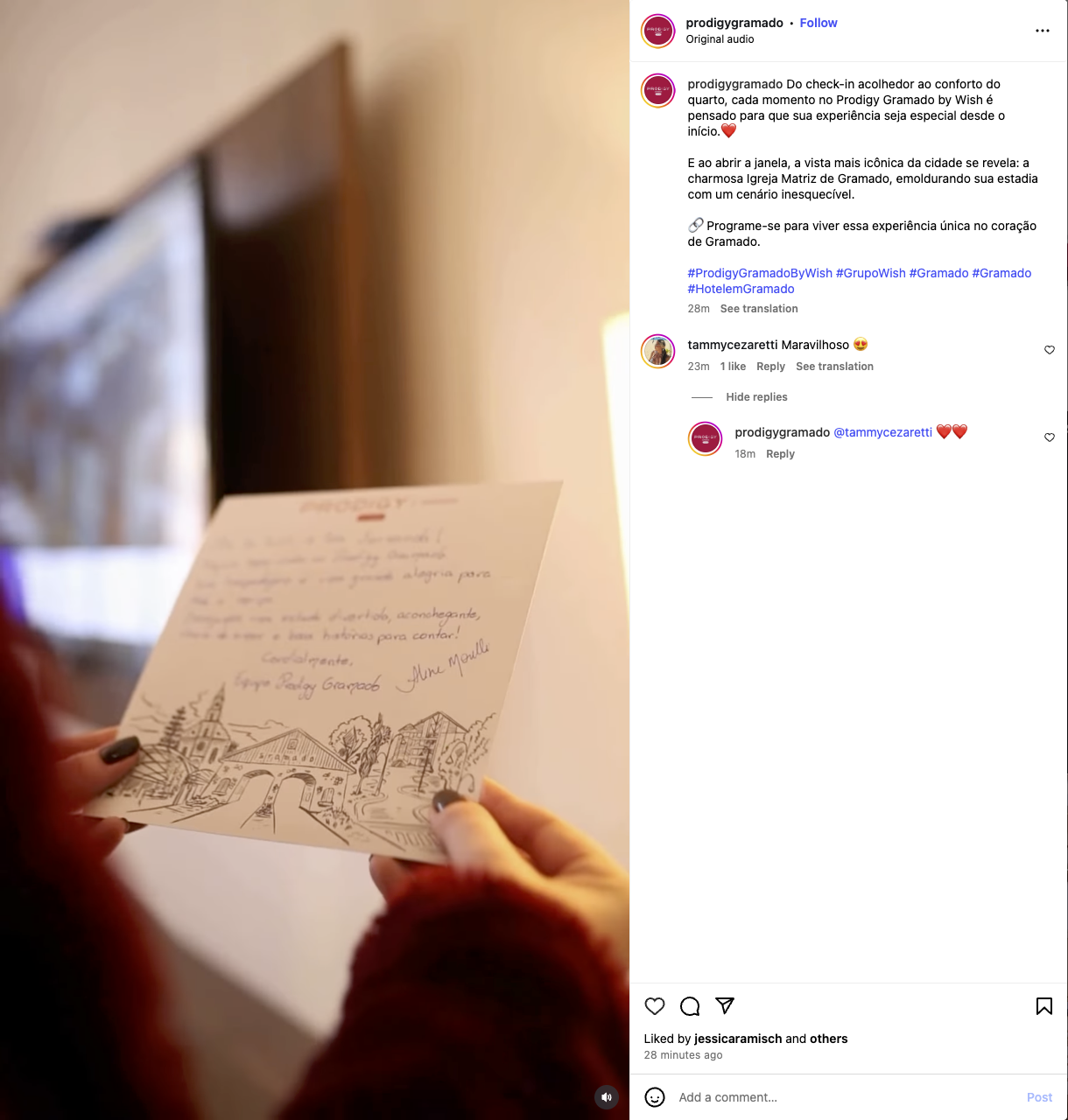 Print de rede social Grupo Wish como cartão com ilustração turística de Gramado.