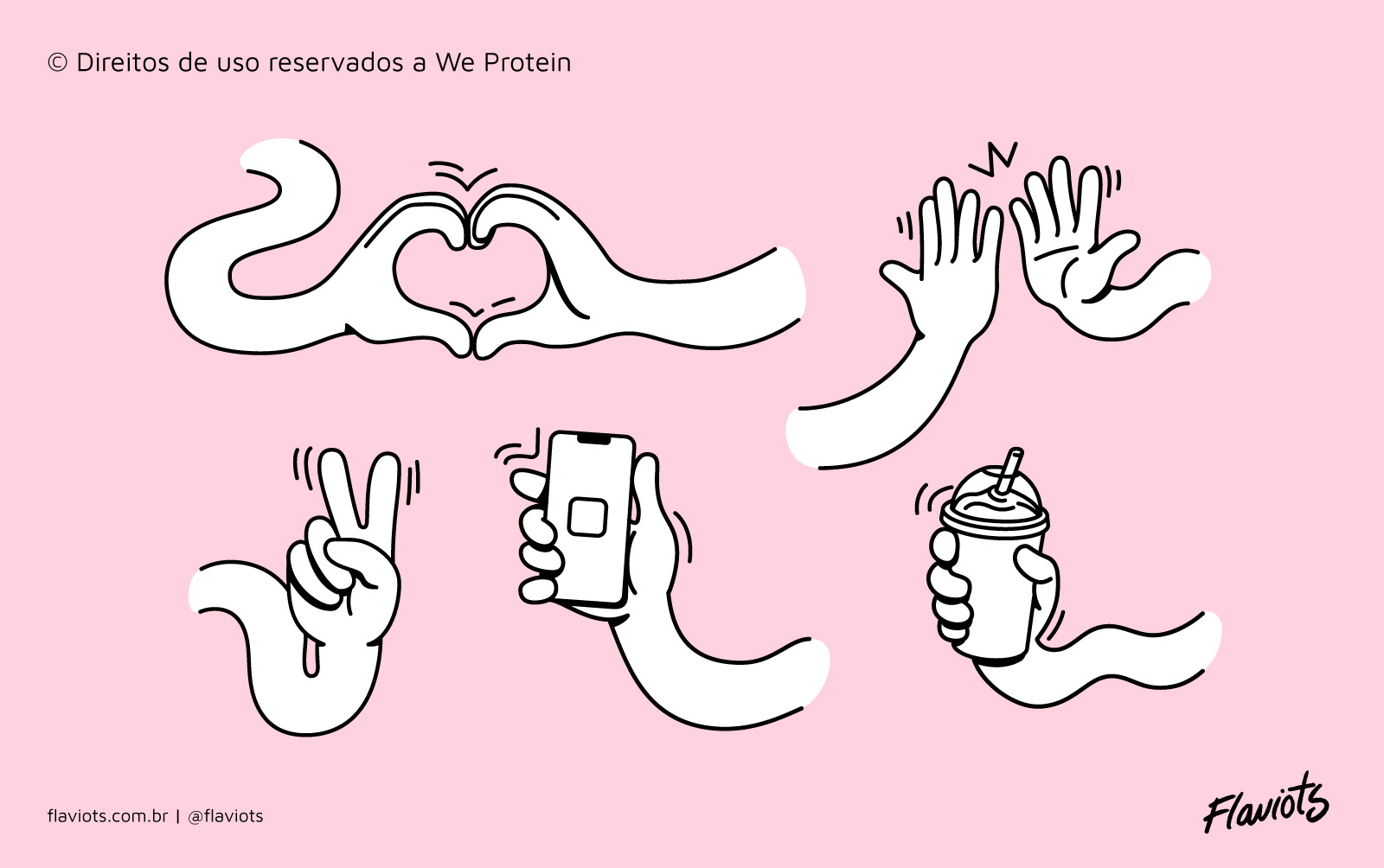 Ilustração para Branding: Mãos fazendo gestos como "coração", "high five", "paz e amor", segurando celular e segurando um shake We Protein